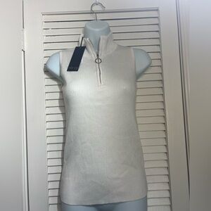 TRUTH NYC Ribbed Mock Neck Zip Sweater Tank Cream Sleeveless Knit Top S Chic